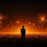 Yann LeCun contemplando un horizonte digital con patrones de inteligencia artificial, simbolizando innovación y tendencias tecnológicas en IA.