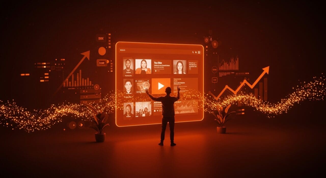 Interfaz digital personalizada de YouTube con visuales de tendencias digitales y crecimiento de startups en el ecosistema tech.