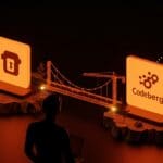 Migración de Zig de GitHub a Codeberg simbolizada por un puente digital luminoso entre plataformas open source, resaltando sostenibilidad y tecnología para founders tech LATAM.