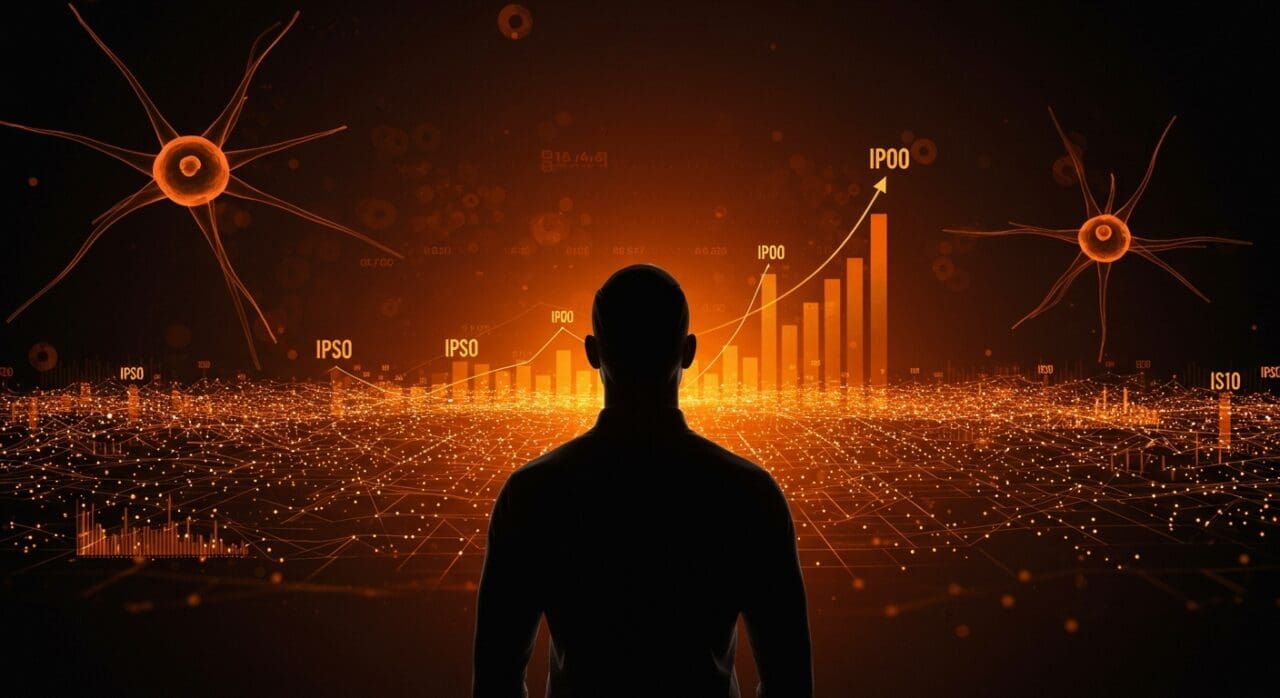 Multimillonario frente a un horizonte digital con gráficos y redes neuronales representando el auge de la inteligencia artificial y startups tecnológicas en 2025.