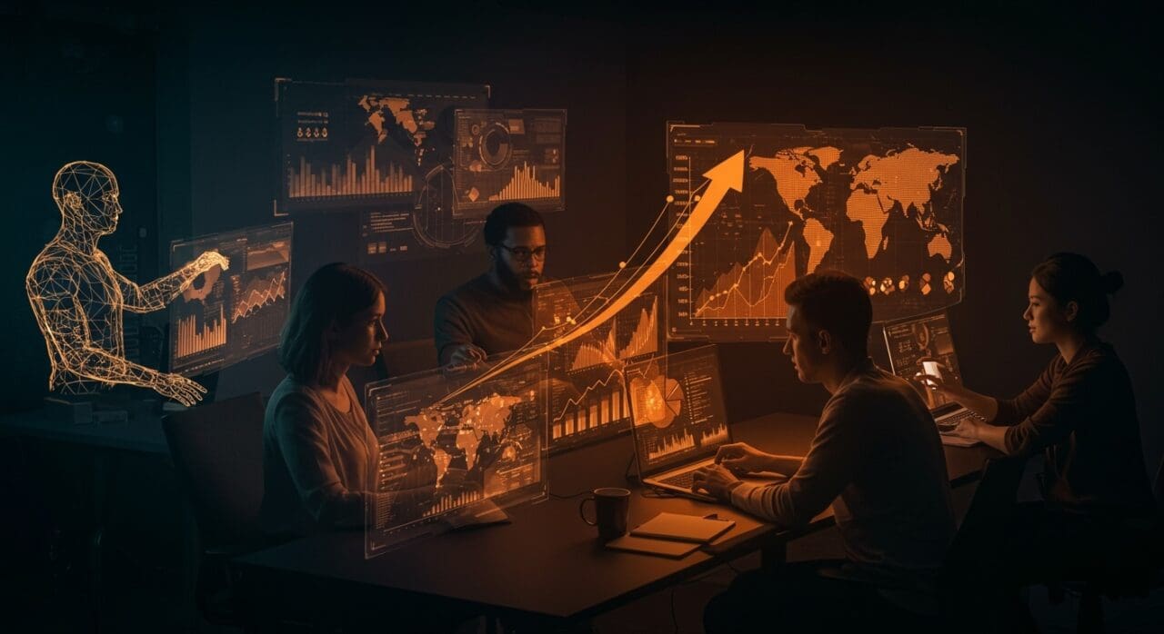 Fundadores de startups latinoamericanas colaborando en programas de aceleración e internacionalización con iconografía de venture capital y fundraising.