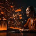 Emprendedora observando simulación de mercado con IA, representando financiación series A y validación tecnológica en startups.