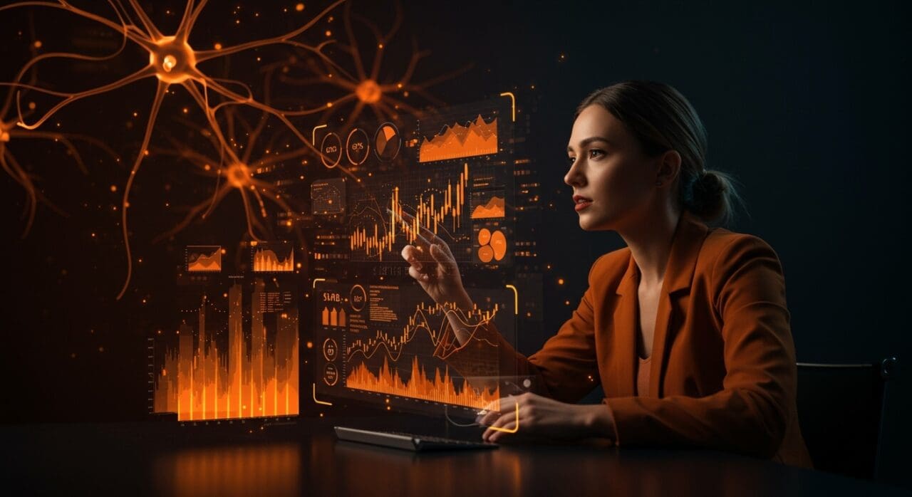 Emprendedora observando simulación de mercado con IA, representando financiación series A y validación tecnológica en startups.