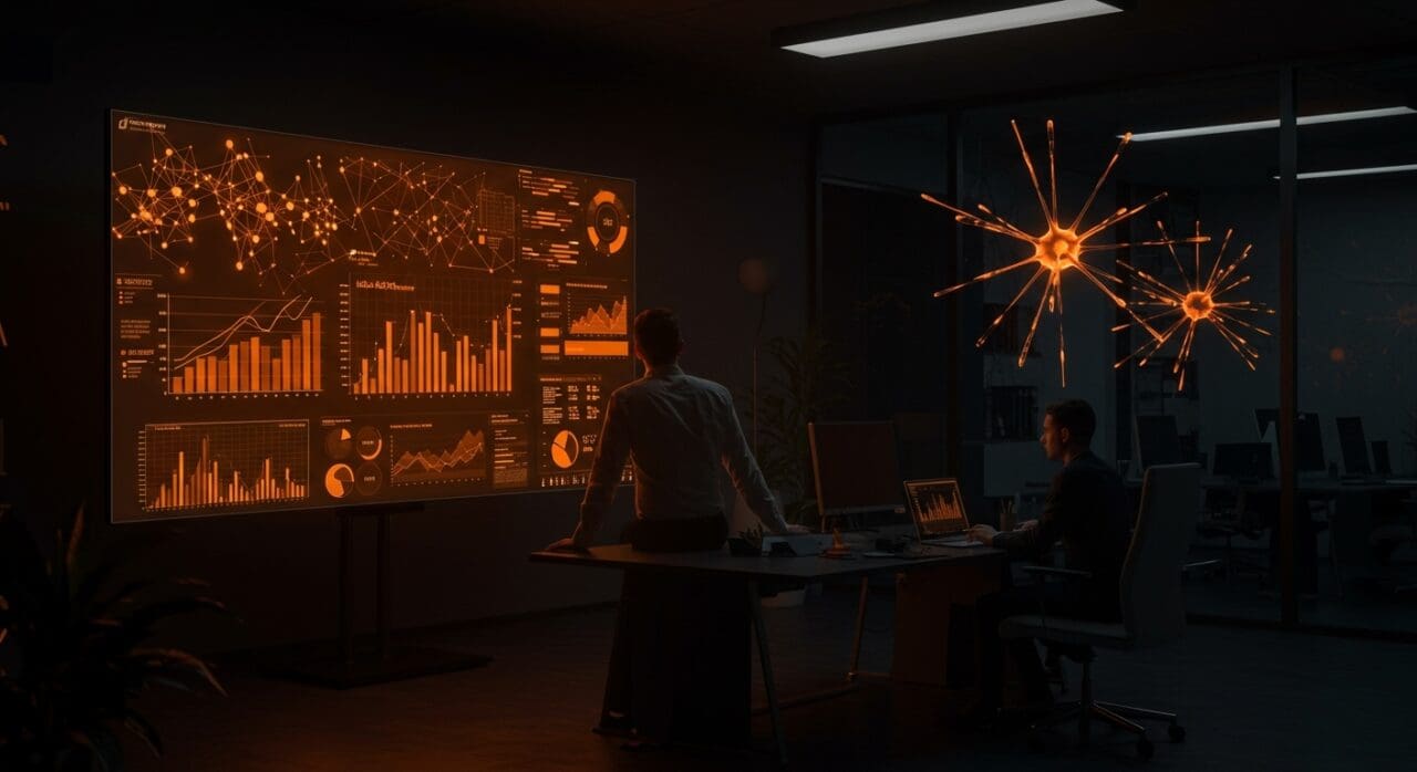 Fundador de startup con gráficos holográficos ascendentes, simbolizando financiación y valoración de 1B en inteligencia artificial para investigación de mercado.