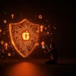 Actualizaciones de seguridad Apple y Google contra ataques zero-day ilustradas con un fundador tecnológico protegido por un escudo digital en ecosistema startup.