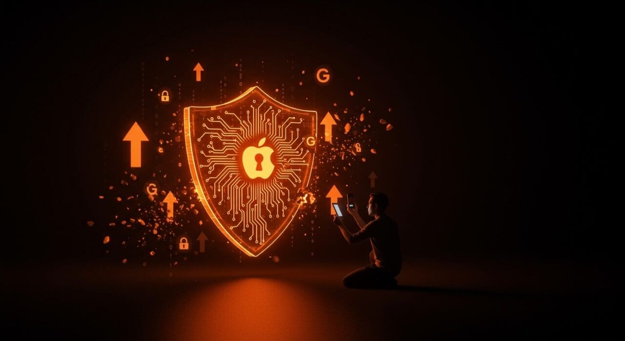 Actualizaciones de seguridad Apple y Google contra ataques zero-day ilustradas con un fundador tecnológico protegido por un escudo digital en ecosistema startup.