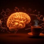 Ilustración conceptual de la adenosina y la cafeína en terapias rápidas contra la depresión en el contexto de neurociencia y salud mental.