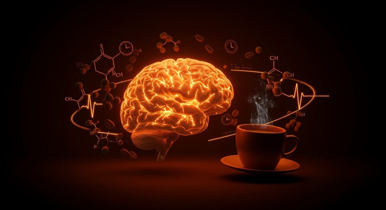Ilustración conceptual de la adenosina y la cafeína en terapias rápidas contra la depresión en el contexto de neurociencia y salud mental.