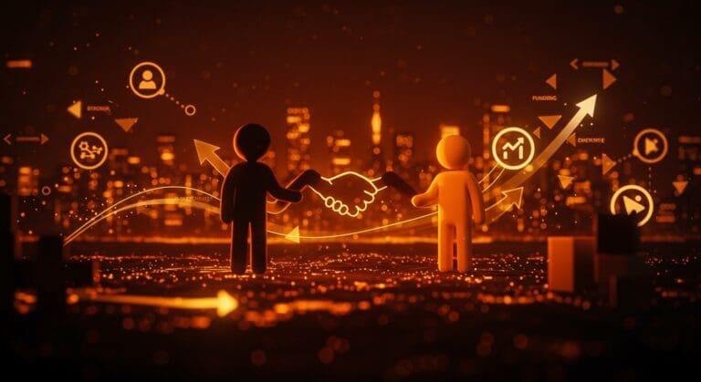 Adquisición de Eventbrite por Bending Spoons representada con un apretón de manos simbólico en un fondo tecnológico naranja y negro, destacando impacto en startups y funding.