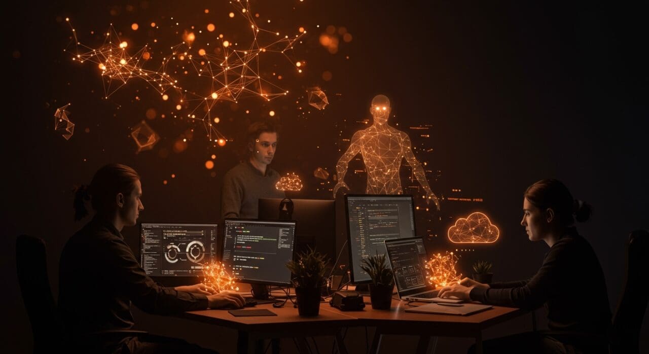 Desarrolladores colaborando con agentes IA en un entorno digital eficiente para desarrollo de software automatizado con JetBrains.