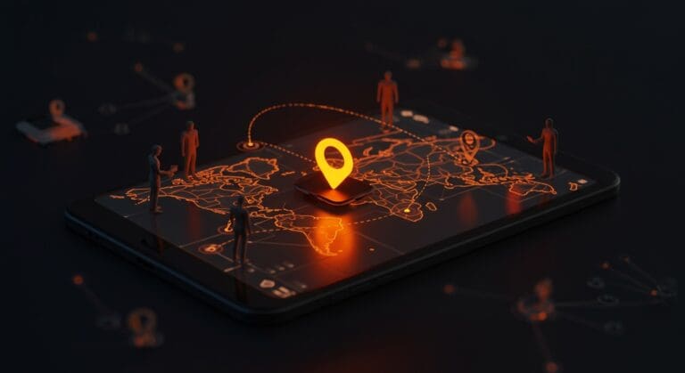 AirTag perdido recorriendo miles de millas representado sobre un mapa digital con elementos de tracking, hardware y comunidad tecnológica en estilo editorial de Ecosistema Startup.