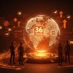 Visualización de nuevos unicornios tech surgiendo en 2025 con simbolismos de financiamiento y tendencias en el ecosistema startup.