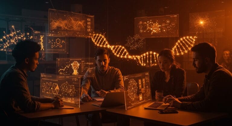 Startups tecnológicas colombianas colaborando en mentorías y expansión internacional en IA, blockchain, biotecnología e IoT con ecosistema startup naranja y negro.