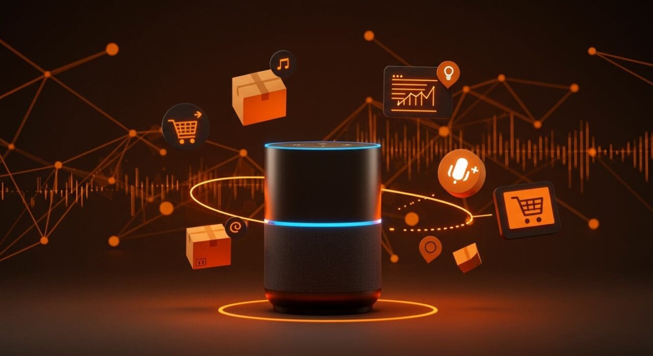 Alexa+ Amazon con seguimiento de entregas, automatización y compras por voz en ecommerce, representado en estilo editorial Cinematic con paleta Ecosistema Startup.