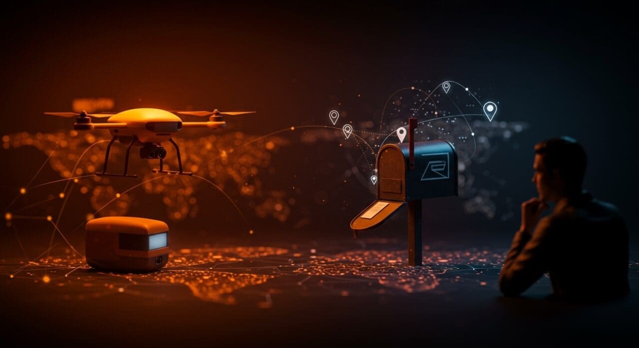 Amazon evaluando competir con USPS mostrando drones y símbolos de logística e-commerce en un entorno de innovación startup.