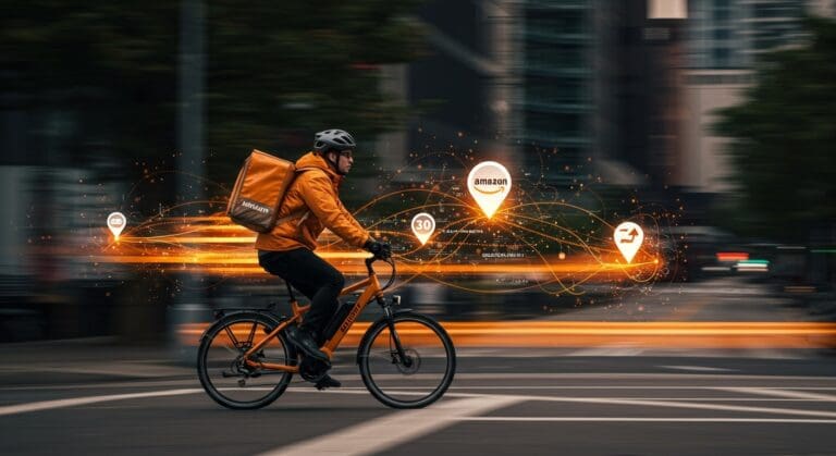 Entrega ultra rápida de Amazon en retailtech con courier en bicicleta eléctrica acelerando en ciudades, representando competencia logística y tecnología avanzada.