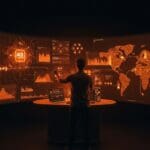 Founder interactuando con panel futurista de AWS mostrando modelos AI y automatización para startups en LATAM.