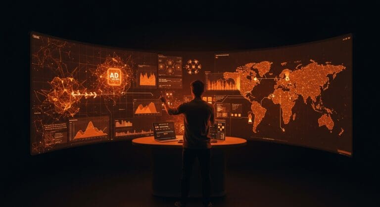 Founder interactuando con panel futurista de AWS mostrando modelos AI y automatización para startups en LATAM.