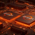 AMD Ryzen 7 5800X3D destacado en un entorno tecnológico con metáforas visuales del mercado de chips y tendencias de hardware.
