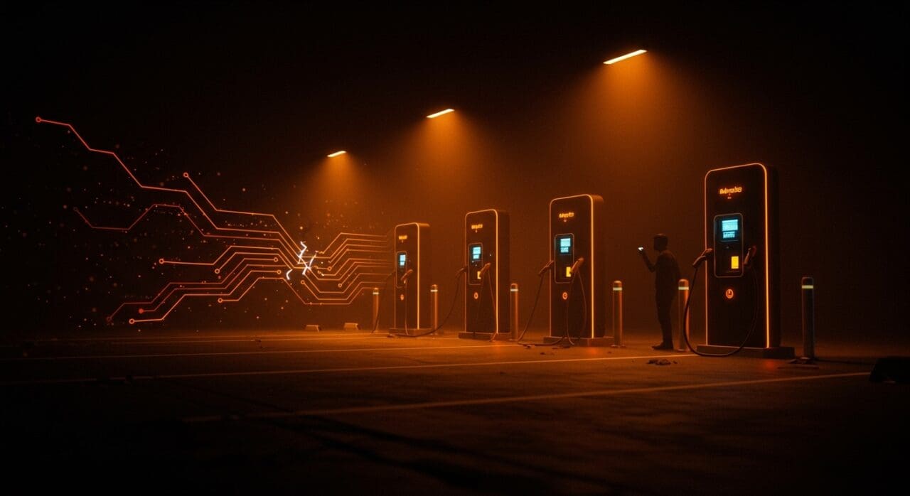 Estación desierta de intercambio de baterías eléctricas con ambiente sombrío representando el declive del modelo de Ample y retos en movilidad urbana.