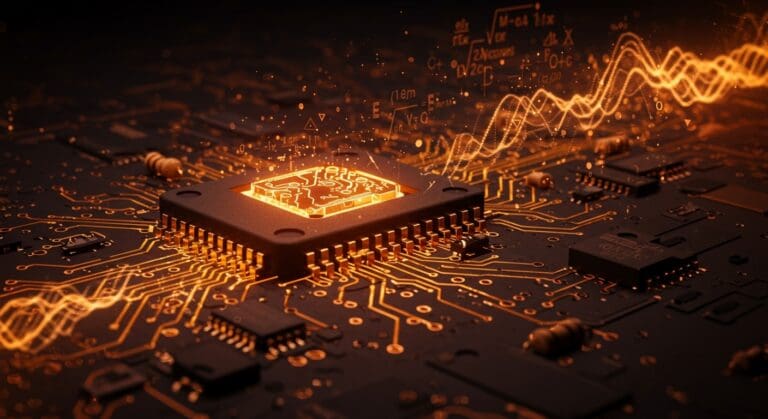 Circuito electrónico con amplificadores operacionales resaltados en tonos naranja y negro, ilustrando aplicaciones en circuitos analógicos y hardware IoT para startups tecnológicas.