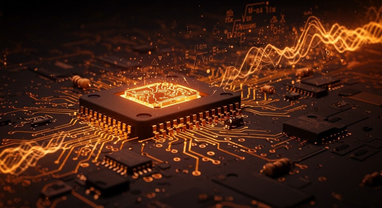 Circuito electrónico con amplificadores operacionales resaltados en tonos naranja y negro, ilustrando aplicaciones en circuitos analógicos y hardware IoT para startups tecnológicas.