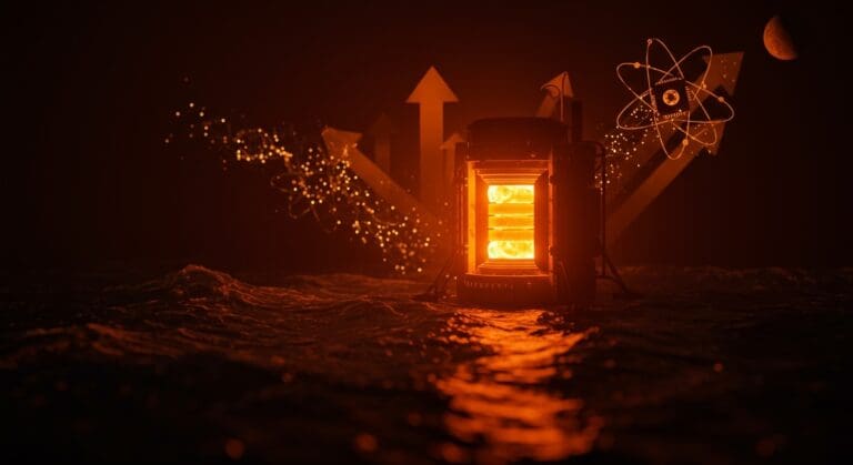 Microreactores nucleares avanzados con iluminación naranja en escenarios terrestres, marítimos y espaciales que representan financiación y tecnología startup.