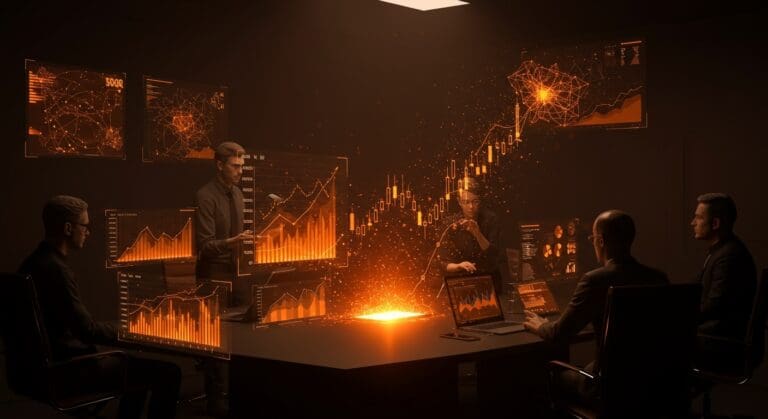 Fundadores tecnológicos hispanos analizando inversiones y crecimiento financiero en IA con enfoque en IPO de Anthropic valorada en 300 mil millones.