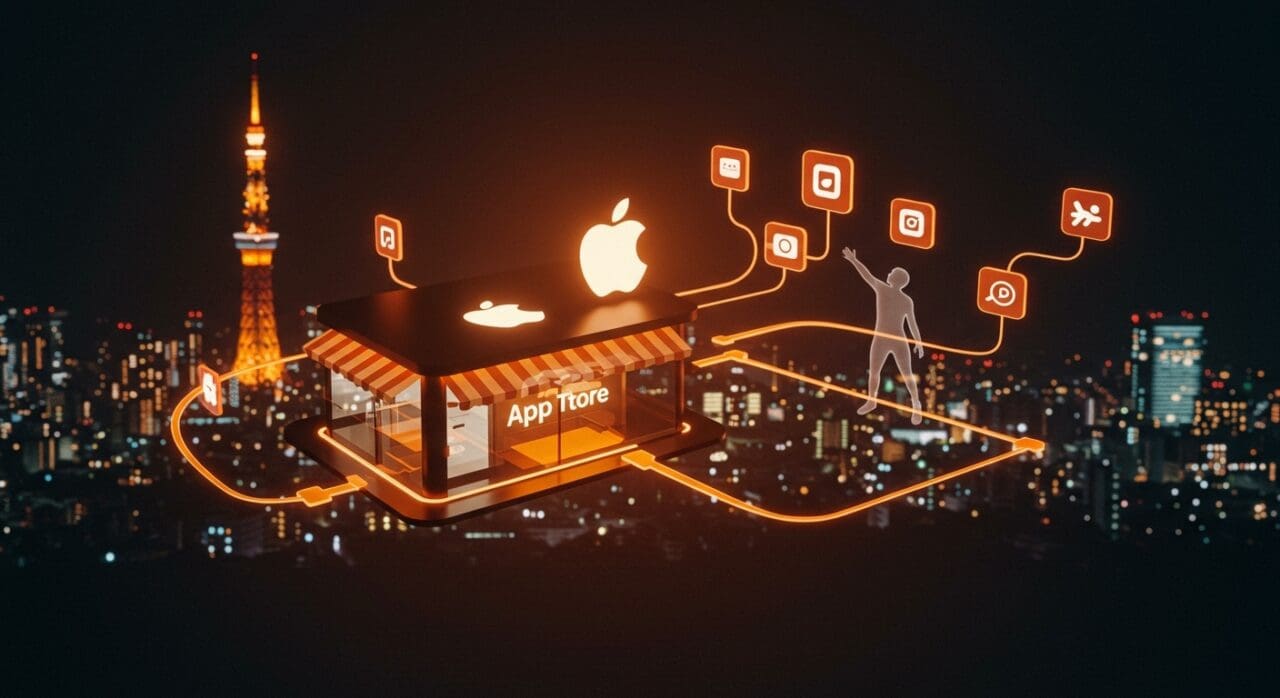 Interfaz digital futurista de tiendas de apps de terceros en Japón, simbolizando la apertura de la App Store de Apple a la competencia y la innovación en startups y desarrolladores.