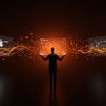 Cambio de liderazgo en diseño de interfaz en Apple simbolizado por un líder digital con hologramas de diseño y flujos de innovación tecnológica.