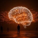 Crisis de liderazgo en Apple representada con una figura ejecutiva ante una red neural digital en colores naranja y negro, simbolizando desafíos en innovación y inteligencia artificial.