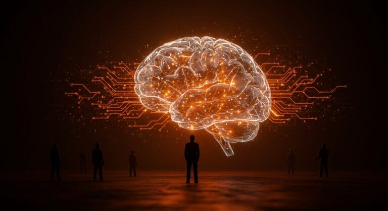 Crisis de liderazgo en Apple representada con una figura ejecutiva ante una red neural digital en colores naranja y negro, simbolizando desafíos en innovación y inteligencia artificial.