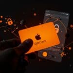 Apple Gift Card con metáforas visuales de seguridad digital y prevención de fraude en el ecosistema Apple.