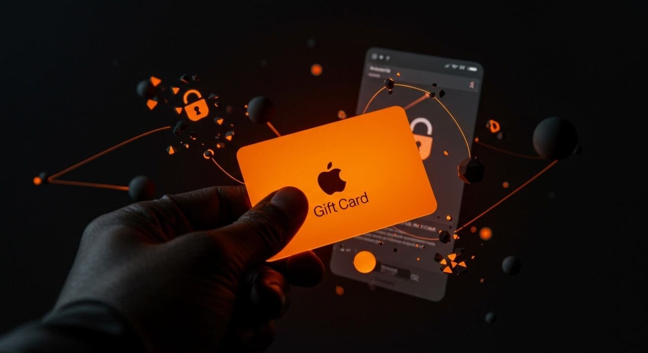 Apple Gift Card con metáforas visuales de seguridad digital y prevención de fraude en el ecosistema Apple.