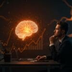 Estrategia de Apple con inteligencia artificial eficiente y cautelosa resaltada en un entorno corporativo moderno con metáforas visuales de inversión sostenible y crecimiento en bolsa.