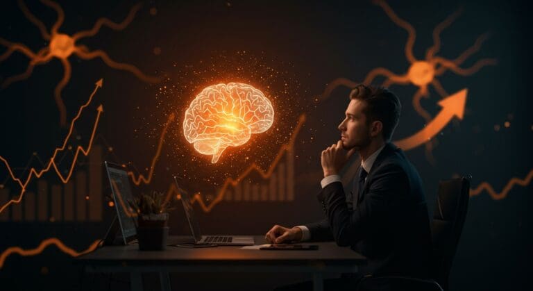 Estrategia de Apple con inteligencia artificial eficiente y cautelosa resaltada en un entorno corporativo moderno con metáforas visuales de inversión sostenible y crecimiento en bolsa.