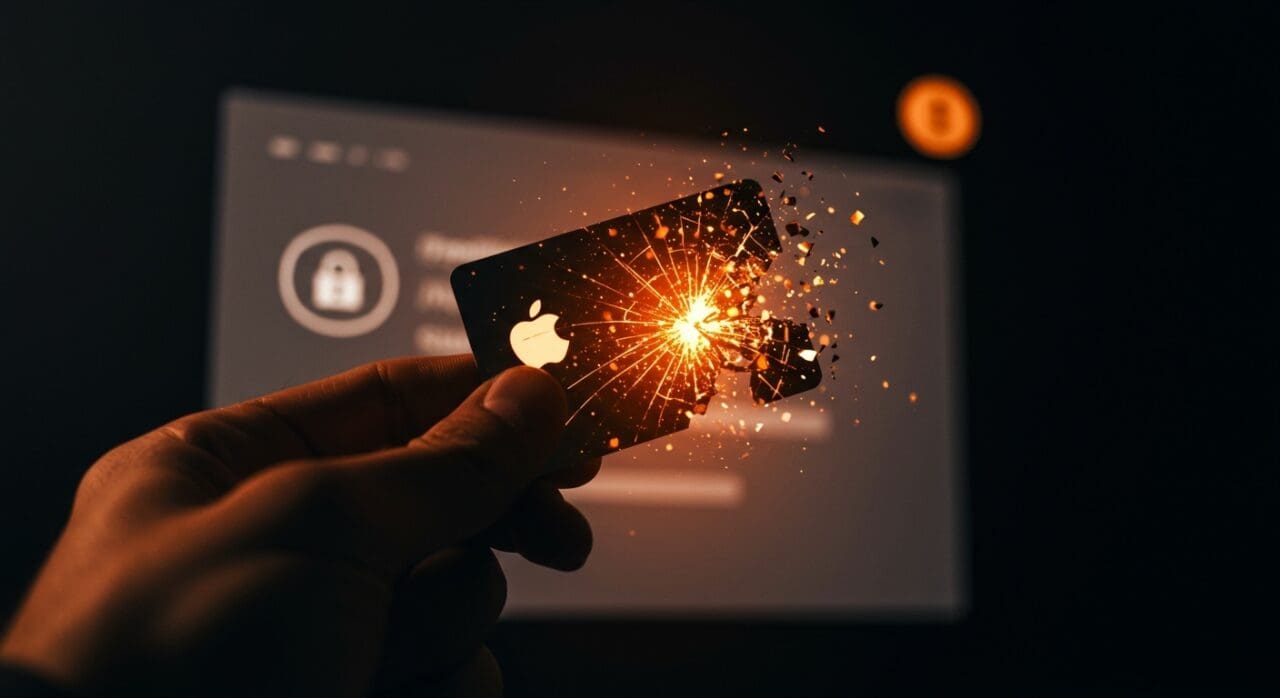 Tarjeta regalo Apple comprometida bloqueando cuenta digital, alertando sobre riesgos y protección en seguridad digital.