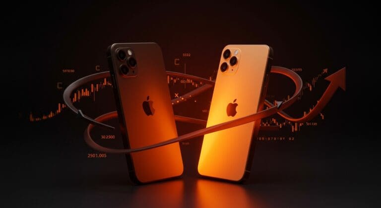 Comparativa visual de envíos de smartphones Apple y Samsung en 2025, destacando el liderazgo de Apple con iPhone 17 en el mercado global.