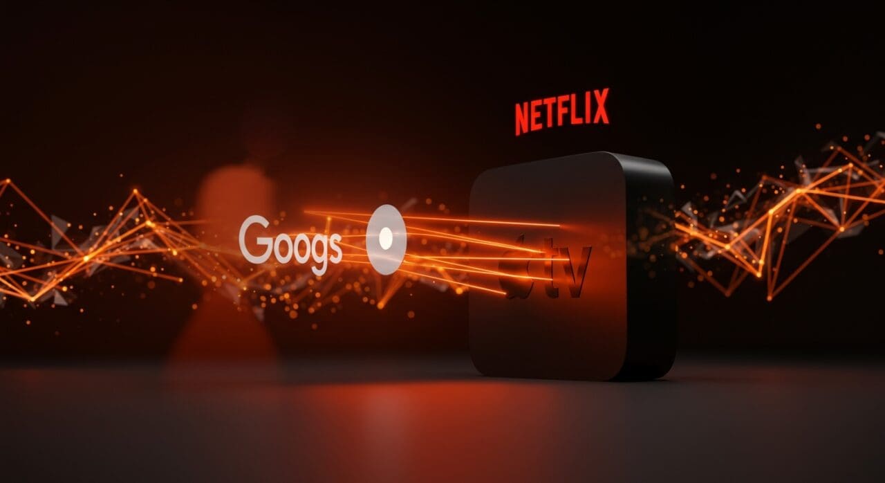 Apple TV integrando Google Cast mostrando el cambio clave en el mercado de streaming 2025 con iconografía tecnológica y ambientación futurista.