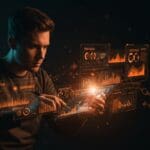 Fundador de startup LATAM enfrentando la complejidad de aranceles y comercio internacional con visualizaciones digitales.