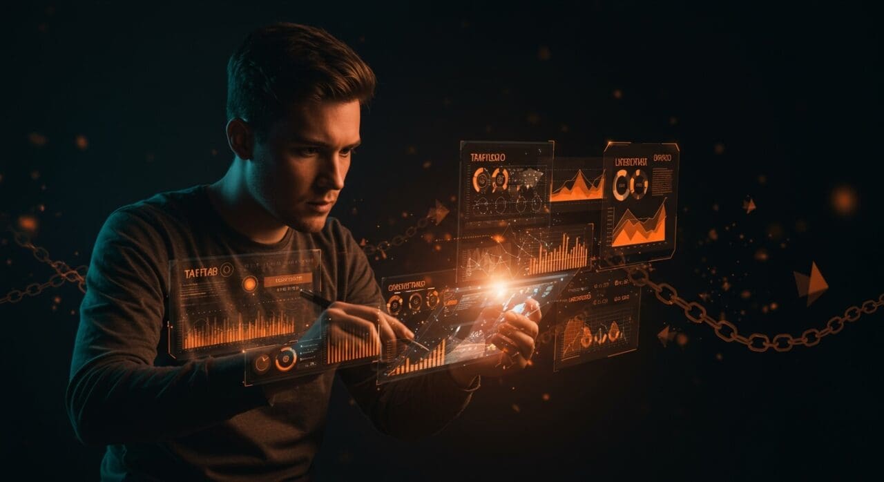 Fundador de startup LATAM enfrentando la complejidad de aranceles y comercio internacional con visualizaciones digitales.