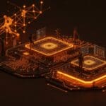 Interfaz futurista de IA abierta Trinity de Arcee AI con metáforas visuales de modelos MoE y escalabilidad en tecnología startup.