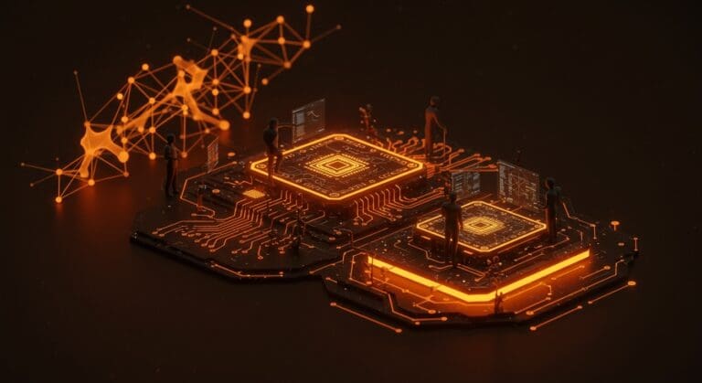 Interfaz futurista de IA abierta Trinity de Arcee AI con metáforas visuales de modelos MoE y escalabilidad en tecnología startup.