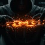 Ilustración digital de un ataque supply chain XSS focalizado en Mintlify, mostrando vulnerabilidades en plataformas SaaS como Discord, X y Vercel, con paleta en naranja y negro.