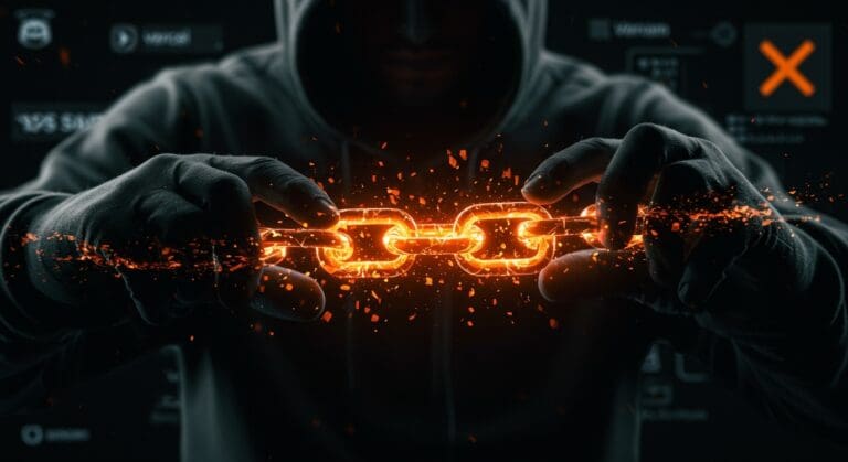 Ilustración digital de un ataque supply chain XSS focalizado en Mintlify, mostrando vulnerabilidades en plataformas SaaS como Discord, X y Vercel, con paleta en naranja y negro.