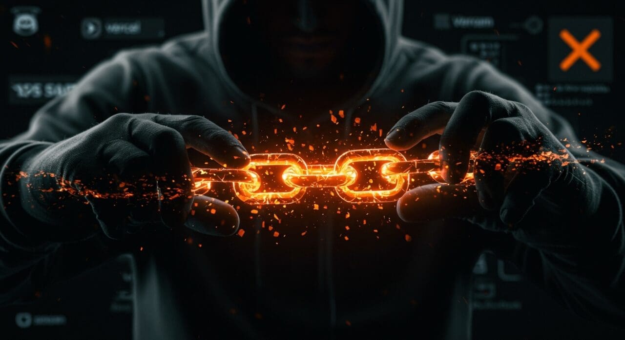 Ilustración digital de un ataque supply chain XSS focalizado en Mintlify, mostrando vulnerabilidades en plataformas SaaS como Discord, X y Vercel, con paleta en naranja y negro.