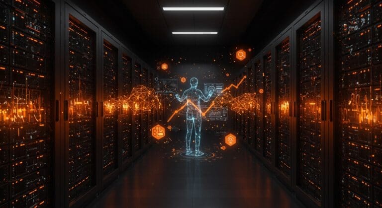 Centro de datos de IA futurista con representaciones visuales de redes neuronales y crecimiento en infraestructura tecnológica para startups.