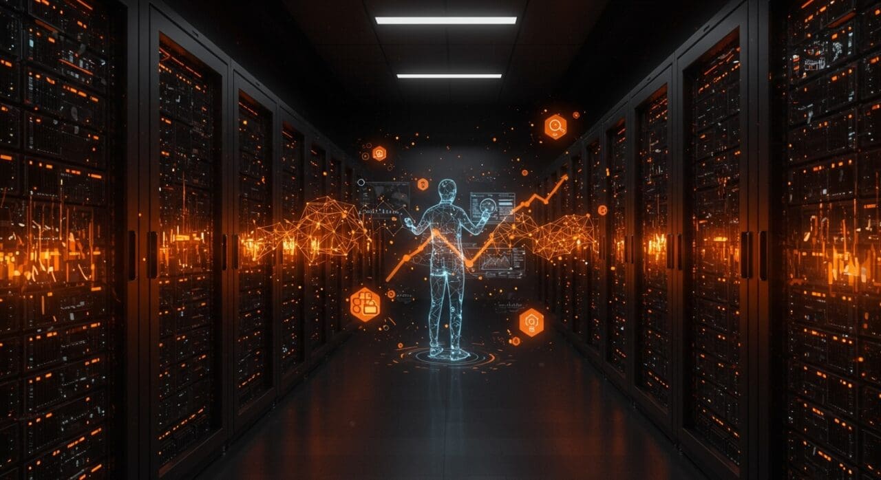 Centro de datos de IA futurista con representaciones visuales de redes neuronales y crecimiento en infraestructura tecnológica para startups.
