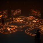 Centro de control futurista gestionando tráfico de vehículos autónomos con tecnología innovadora y financiamiento startup.