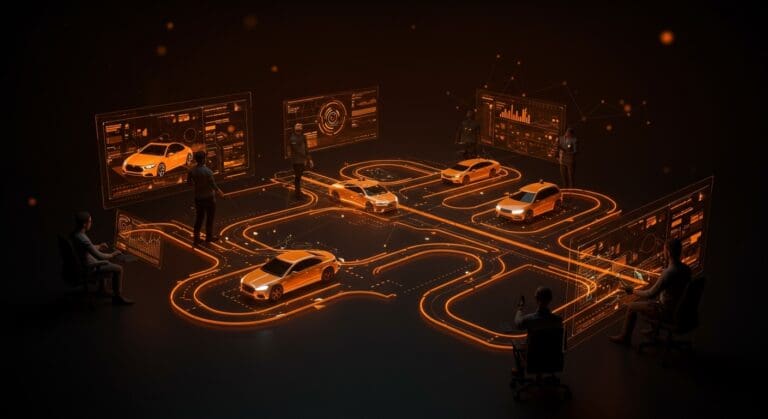 Centro de control futurista gestionando tráfico de vehículos autónomos con tecnología innovadora y financiamiento startup.